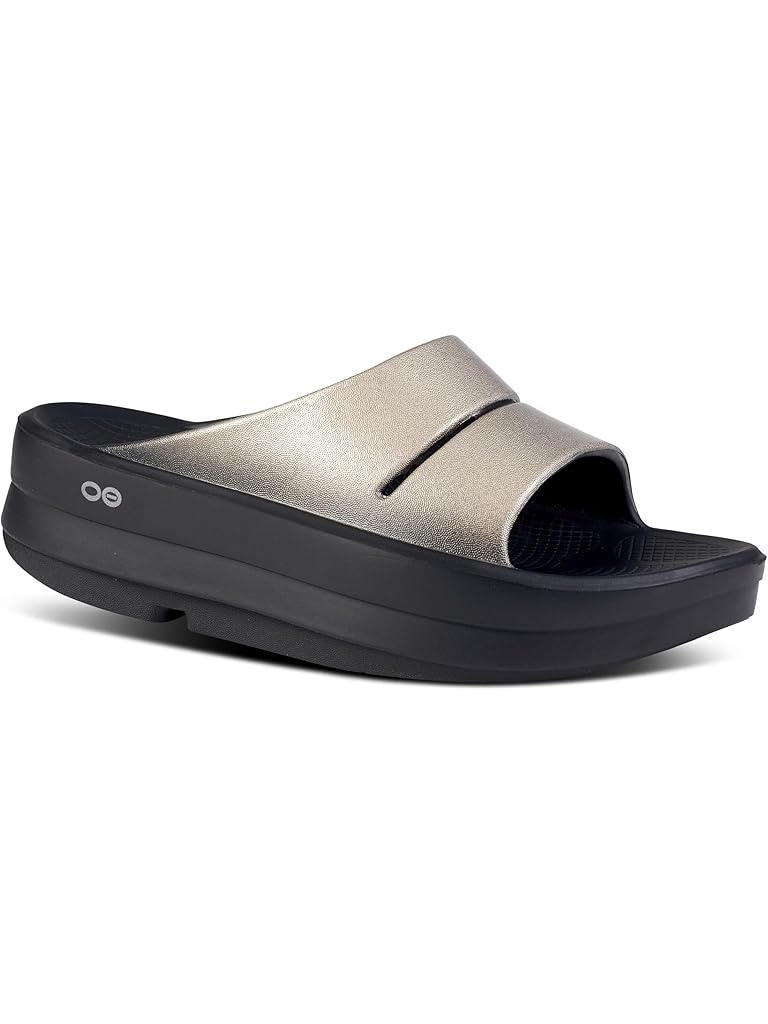 Beige OOFOS Women's OOmega OOahh Luxe Slide